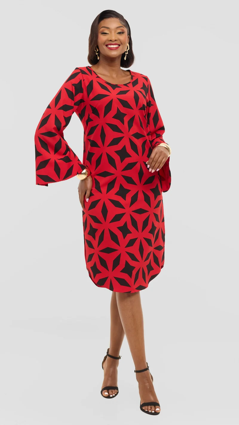 Vivo Jamila Slit Sleeve Dress in Crepe - Red / Black Ula Print