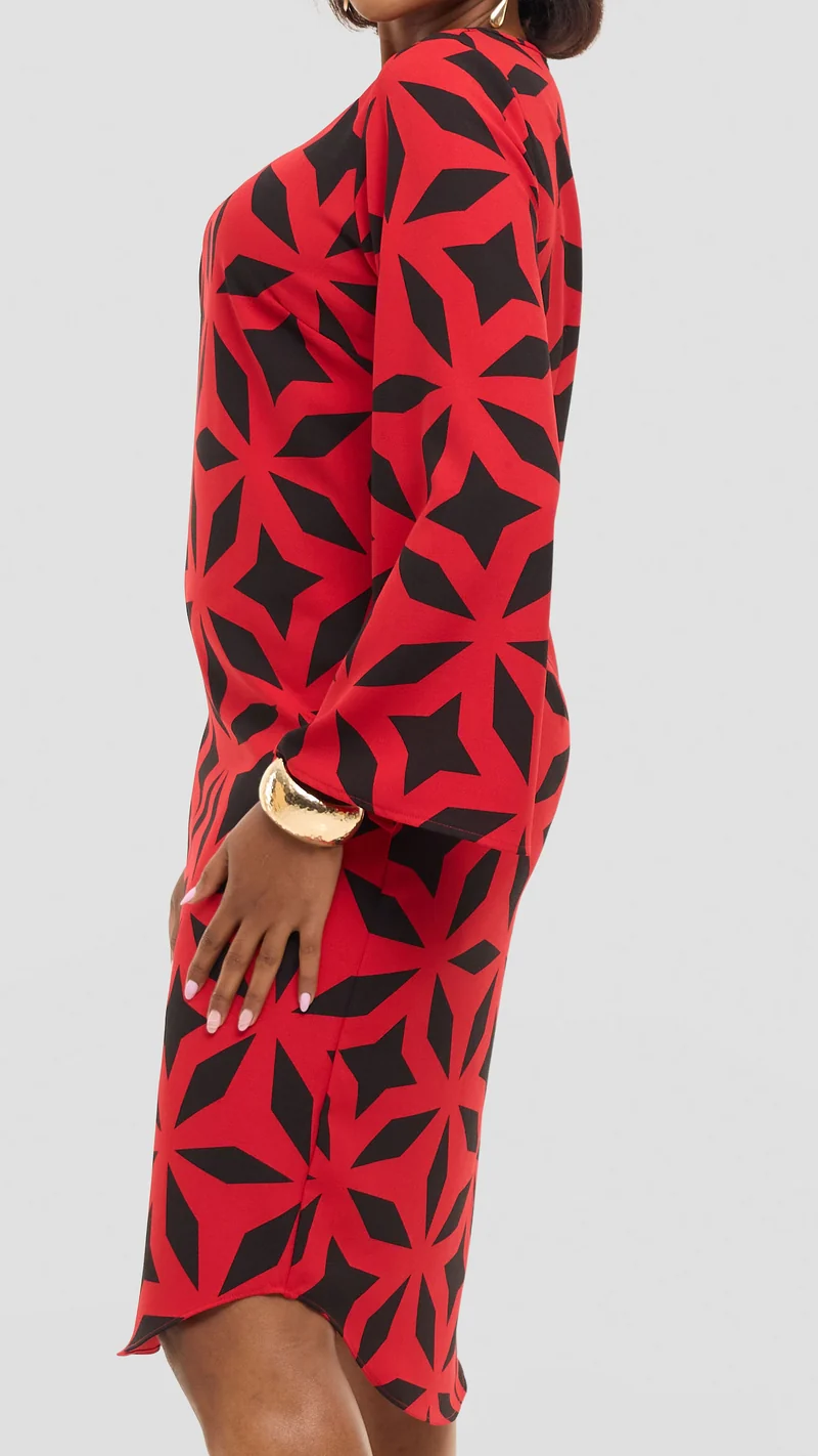 Vivo Jamila Slit Sleeve Dress in Crepe - Red / Black Ula Print