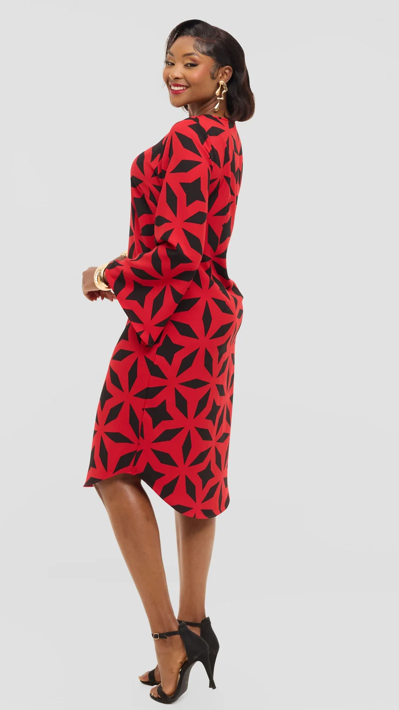 Vivo Jamila Slit Sleeve Dress in Crepe - Red / Black Ula Print