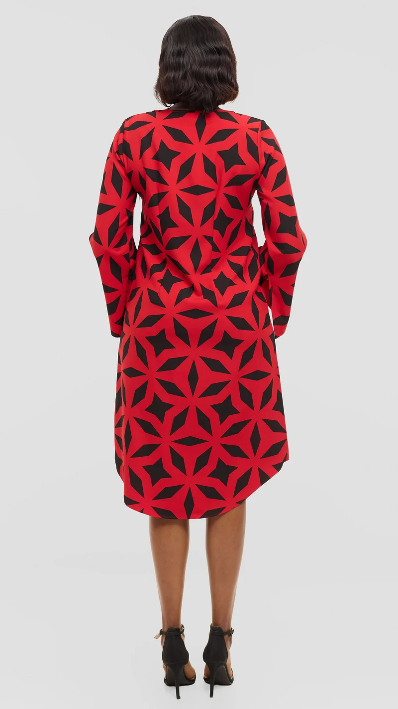 Vivo Jamila Slit Sleeve Dress in Crepe - Red / Black Ula Print