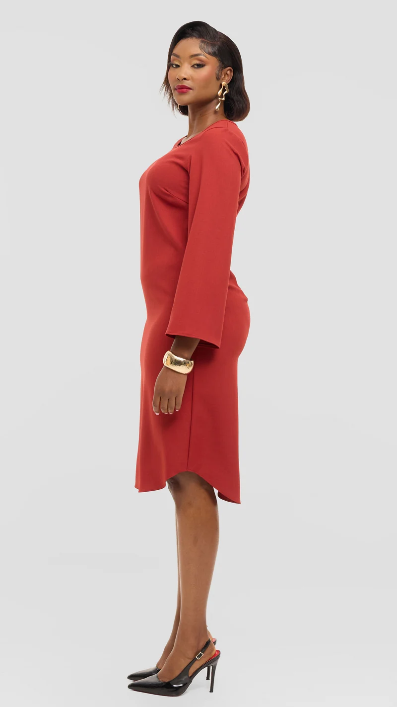 Vivo Jamila Slit Sleeve Dress in Crepe - Rust