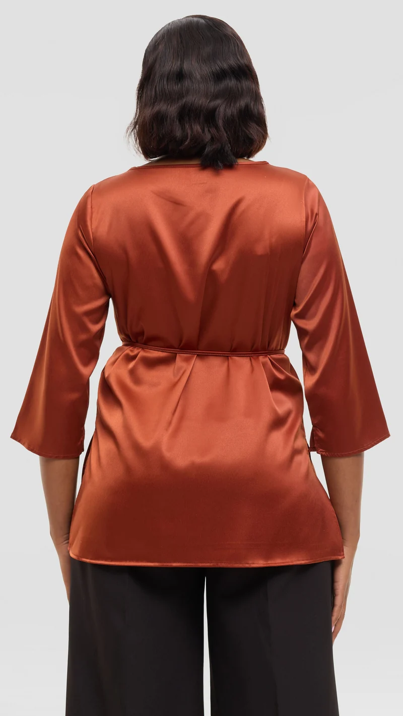 Vivo 3/4 Sleeve Side Slit Top in Satin - Rust