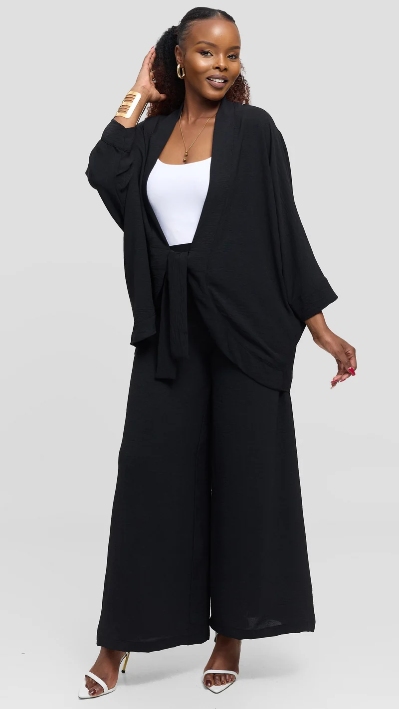 Vivo Tie Dolman Kimono in Textured Crepe - Black