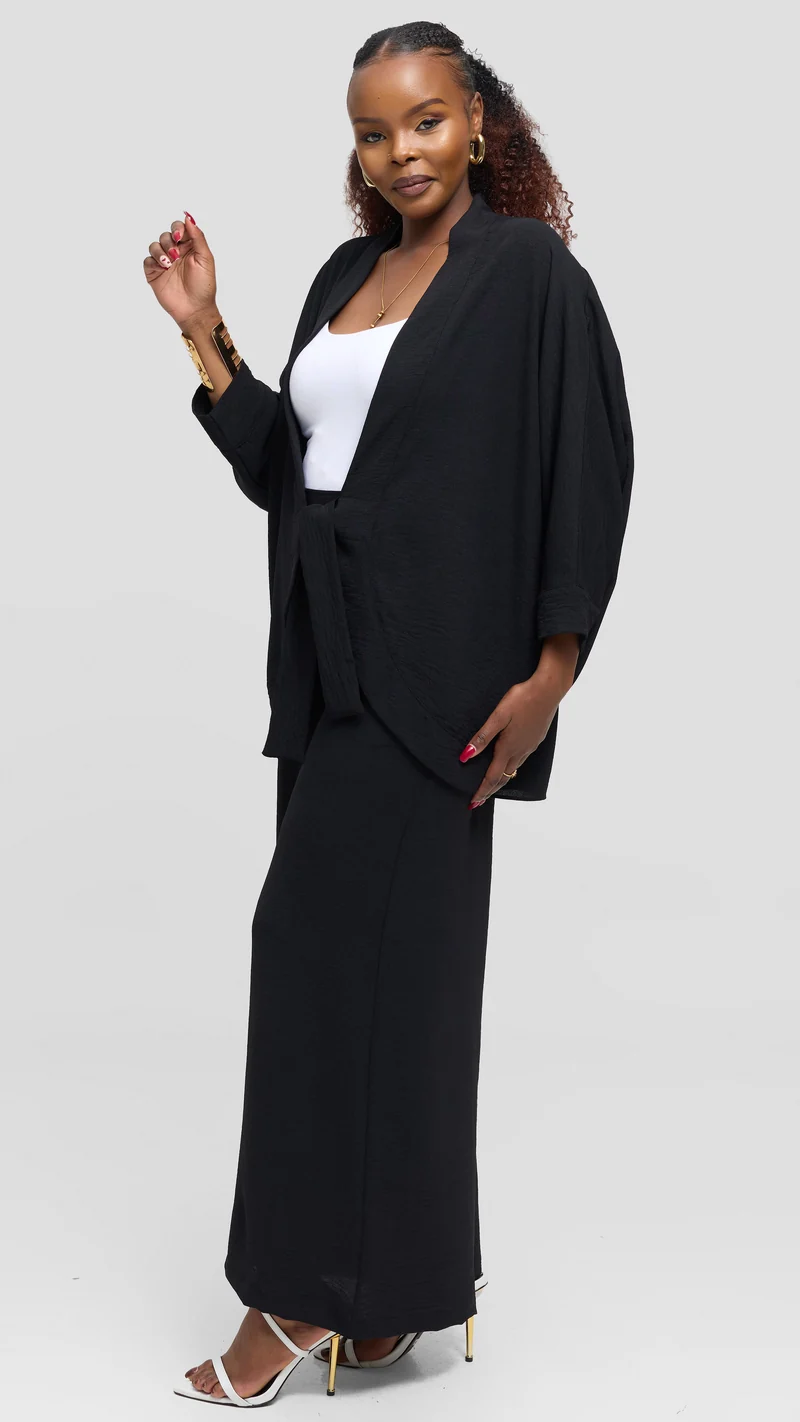 Vivo Tie Dolman Kimono in Textured Crepe - Black