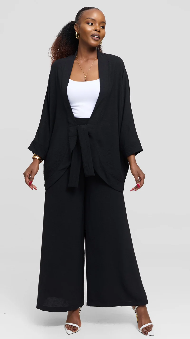 Vivo Tie Dolman Kimono in Textured Crepe - Black