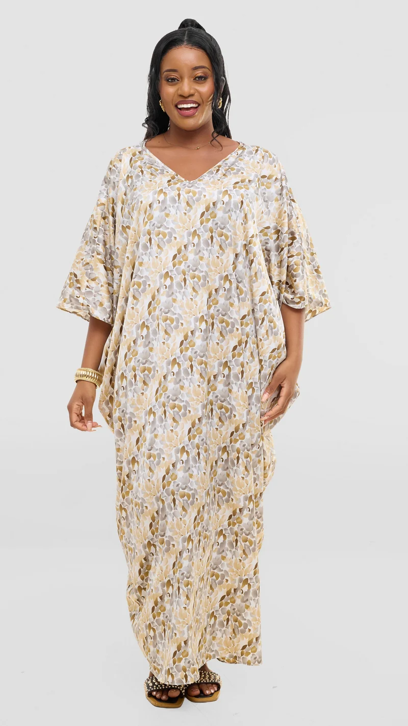 Vivo Keza V Neck Maxi Kaftan In Satin - Beige / Brown Print