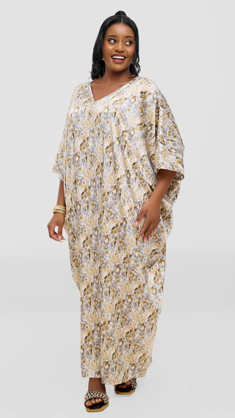 Vivo Keza V Neck Maxi Kaftan In Satin - Beige / Brown Print