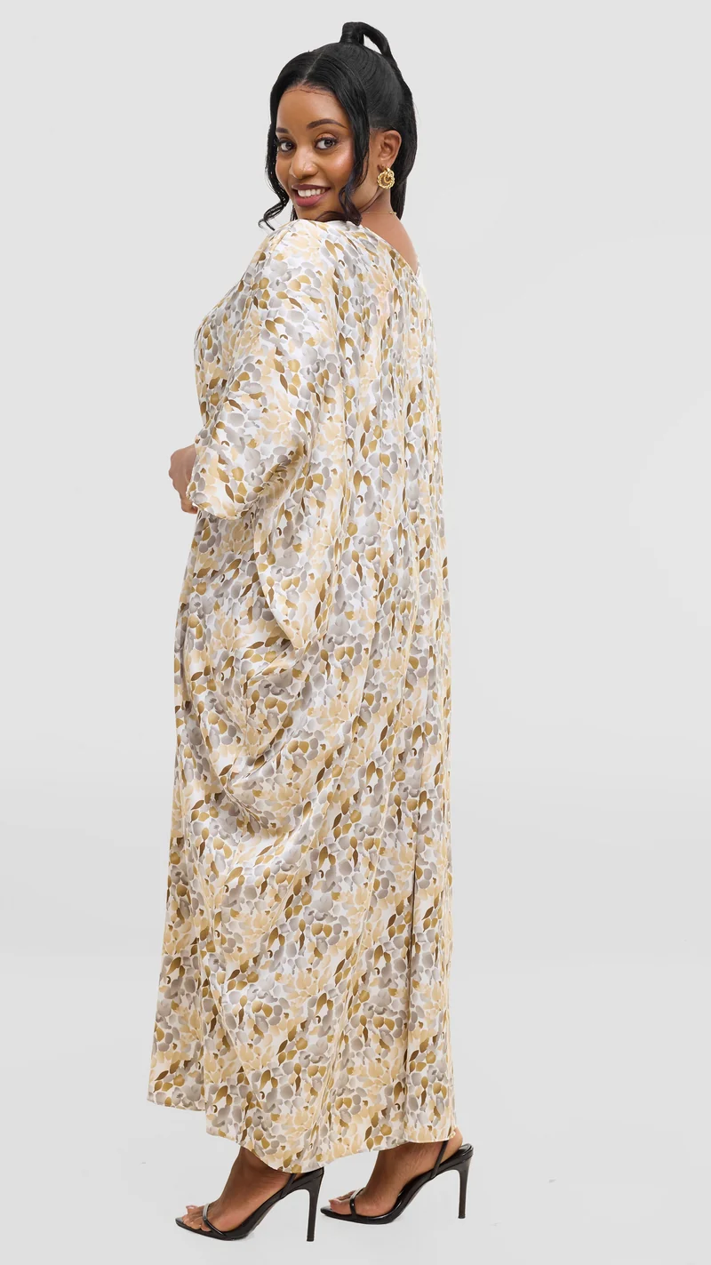 Vivo Keza V Neck Maxi Kaftan In Satin - Beige / Brown Print