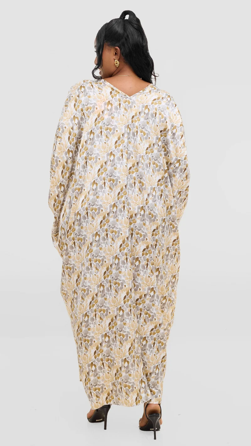 Vivo Keza V Neck Maxi Kaftan In Satin - Beige / Brown Print