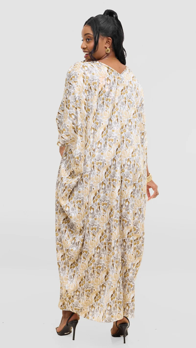 Vivo Keza V Neck Maxi Kaftan In Satin - Beige / Brown Print