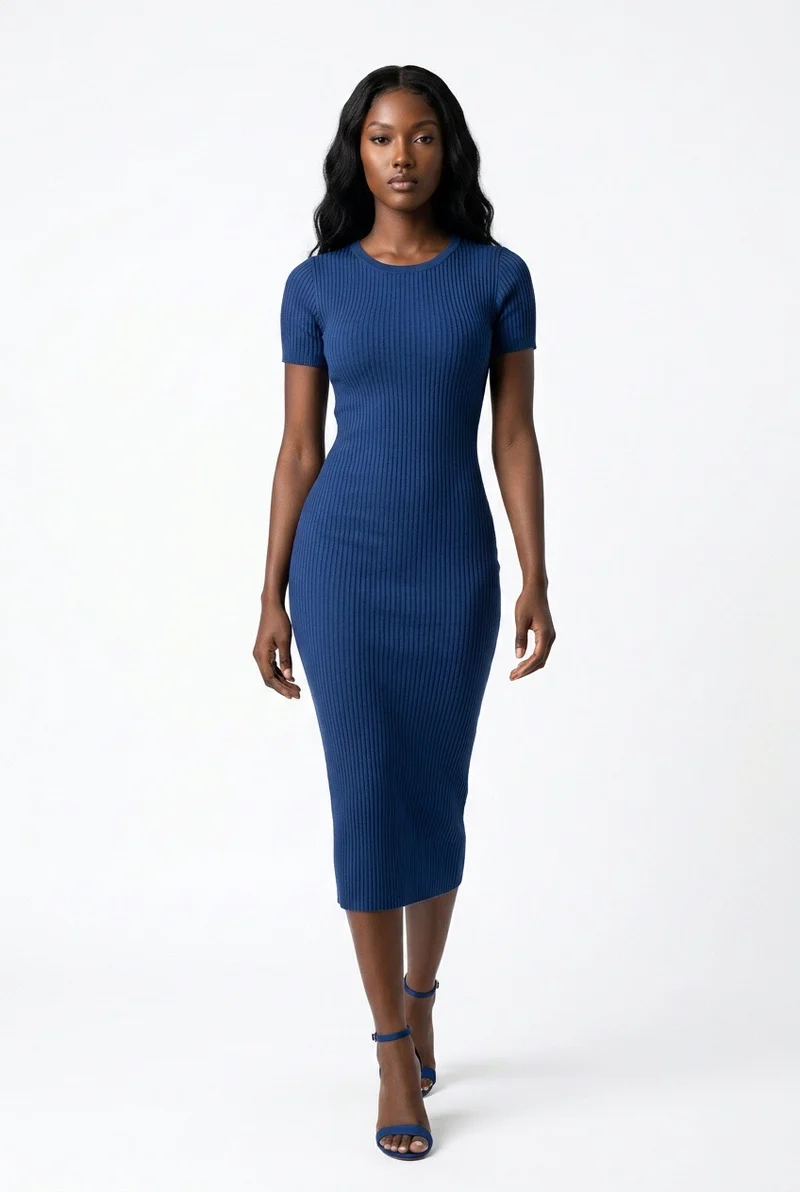 Stylish Sisters Short Sleeve Ribbed Knit Bodycon Midi Dress - Navy Blue