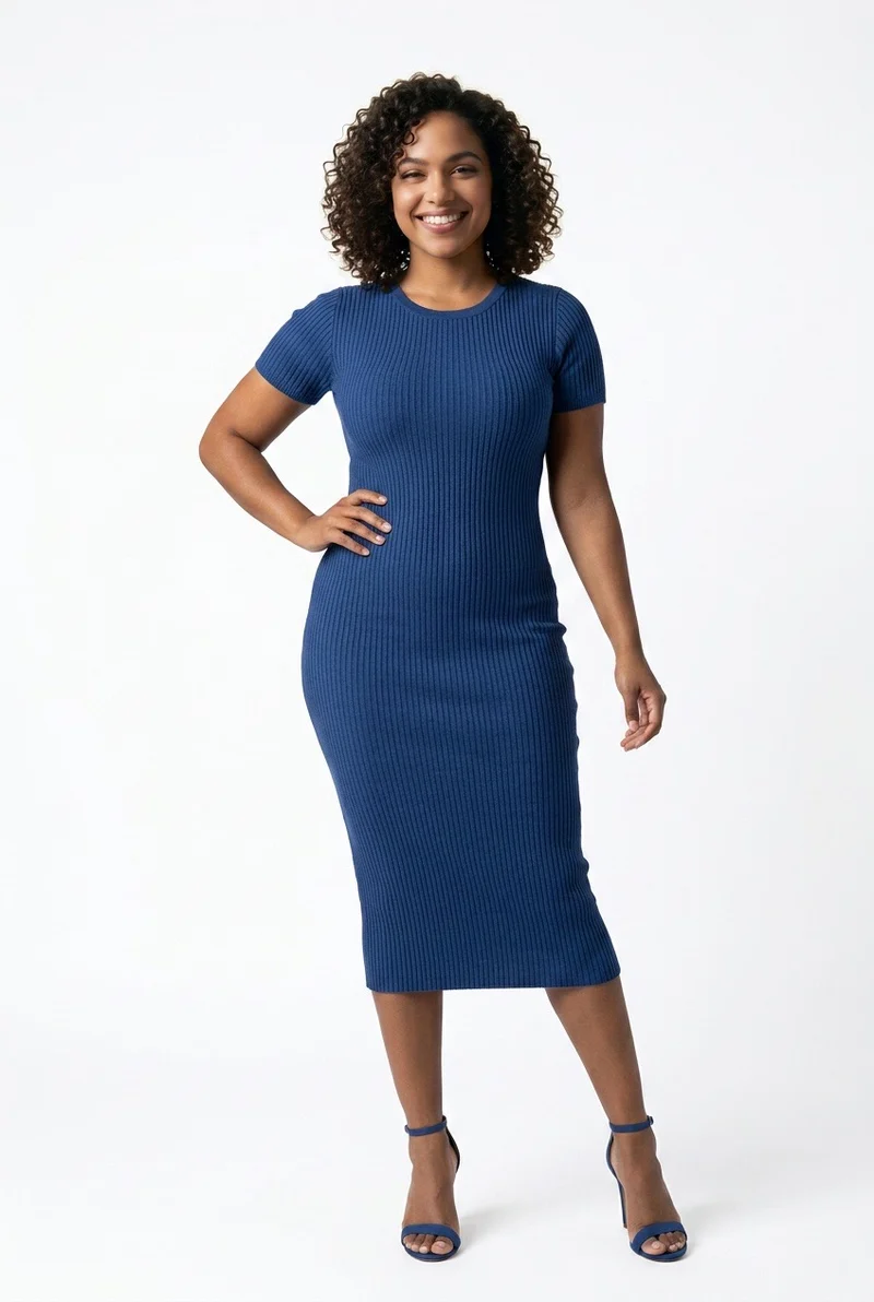 Stylish Sisters Short Sleeve Ribbed Knit Bodycon Midi Dress - Navy Blue