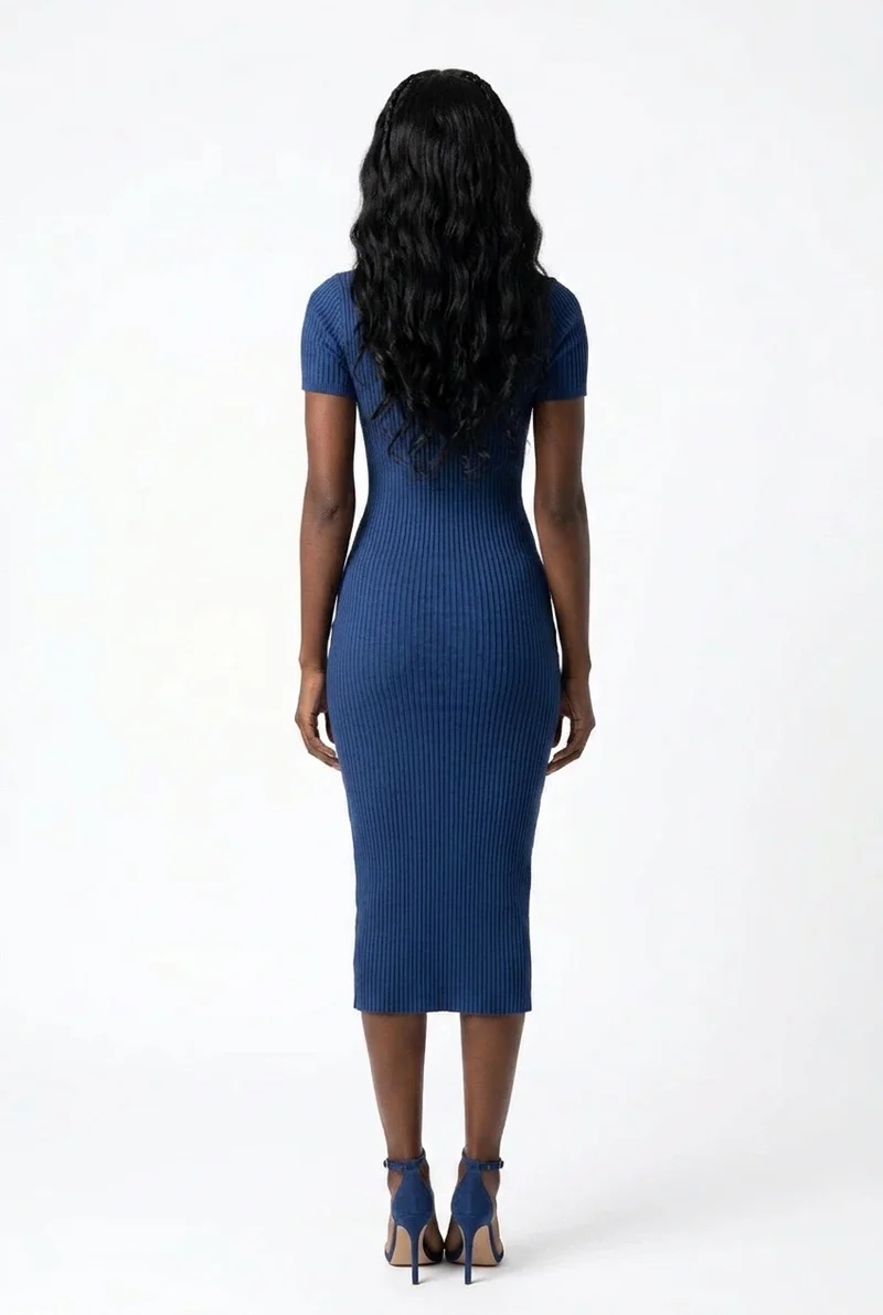 Stylish Sisters Short Sleeve Ribbed Knit Bodycon Midi Dress - Navy Blue
