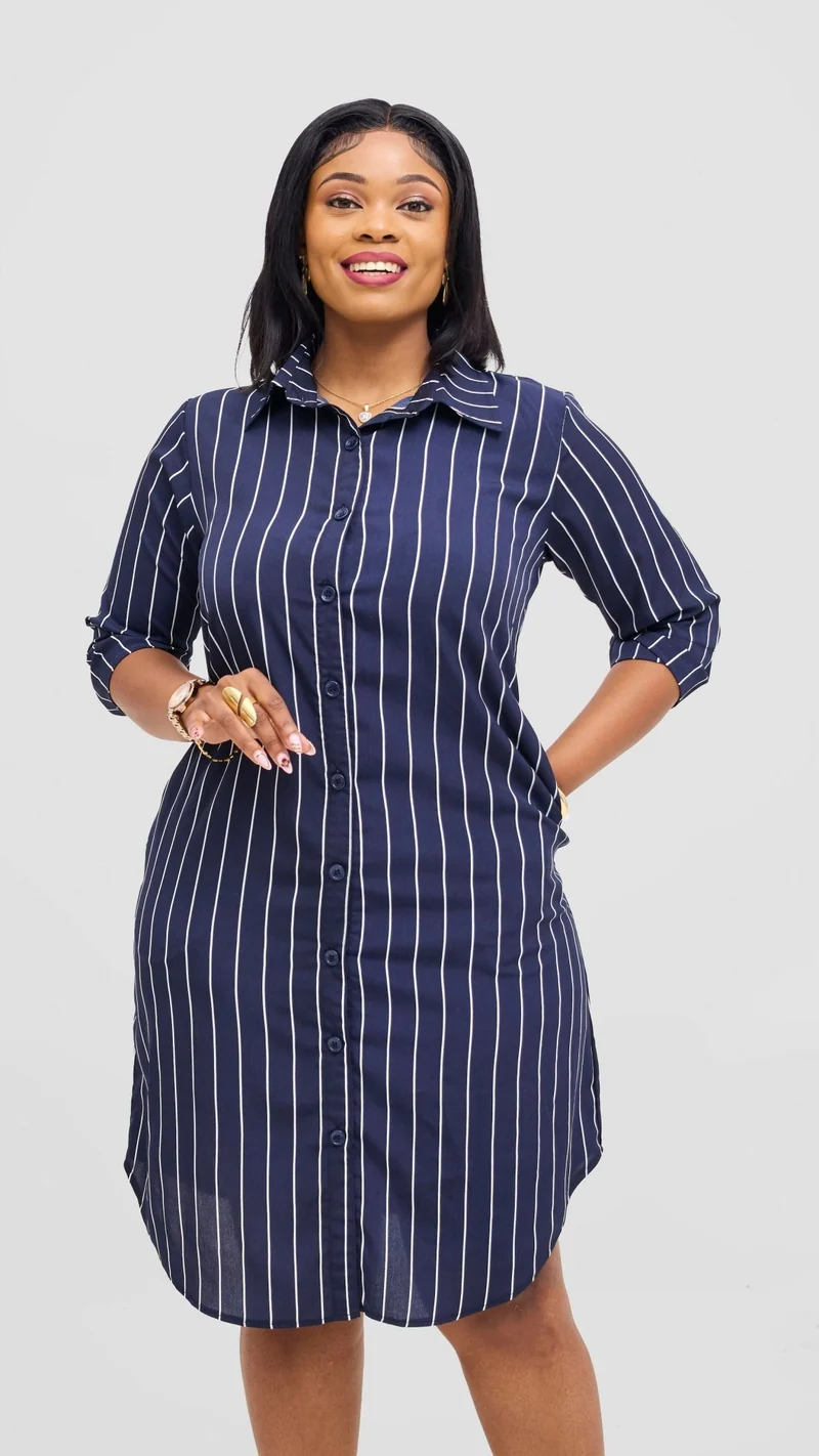 Salok Havilah Waini Shirt Dress - Navy Blue Stripes
