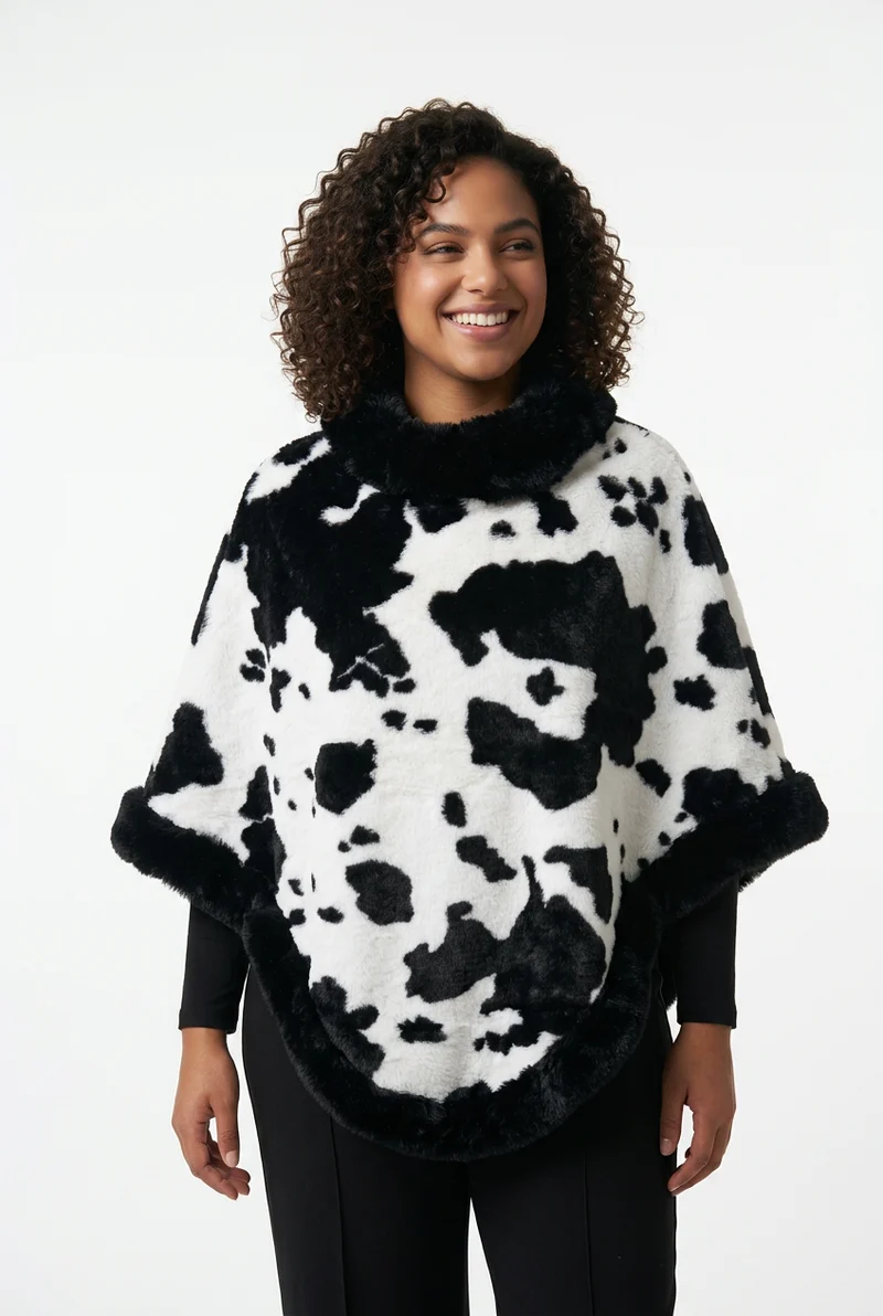 Stylish Sisters Faux Fur-Trimmed Cable Knit Poncho Sweater - Black / White