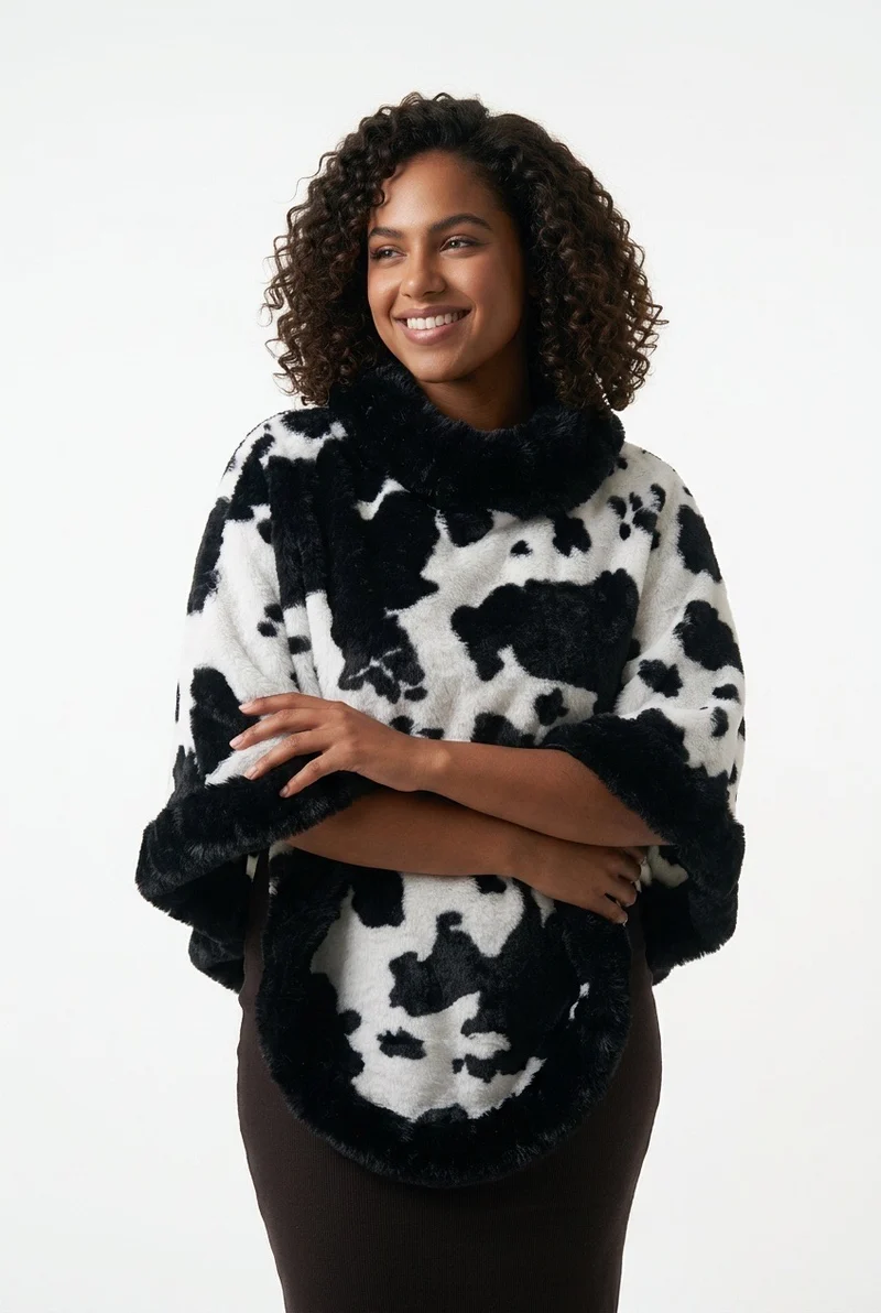 Stylish Sisters Faux Fur-Trimmed Cable Knit Poncho Sweater - Black / White