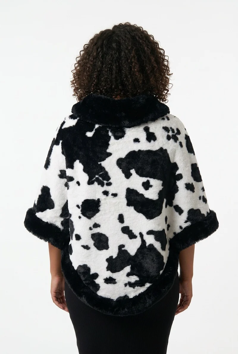 Stylish Sisters Faux Fur-Trimmed Cable Knit Poncho Sweater - Black / White