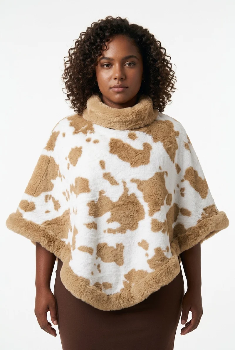 Stylish Sisters Faux Fur-Trimmed Cable Knit Poncho Sweater - Beige / White