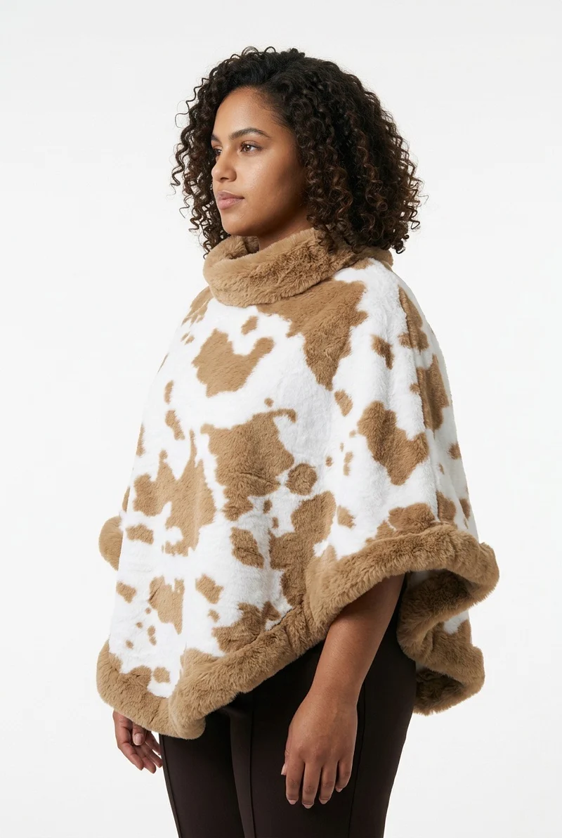 Stylish Sisters Faux Fur-Trimmed Cable Knit Poncho Sweater - Beige / White
