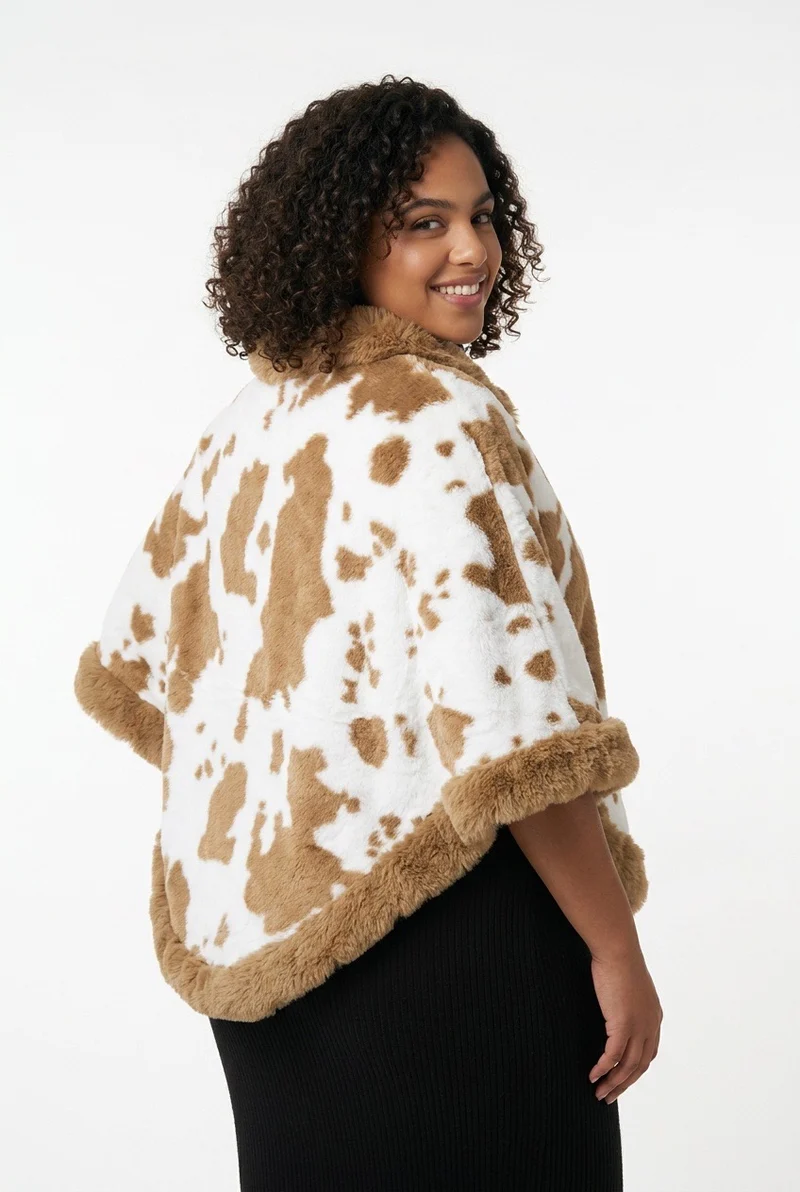 Stylish Sisters Faux Fur-Trimmed Cable Knit Poncho Sweater - Beige / White