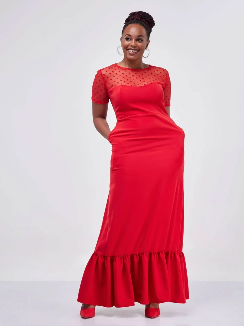 WSC Pambo Ladies & Linen Red Velvet Maxi Dress - Red