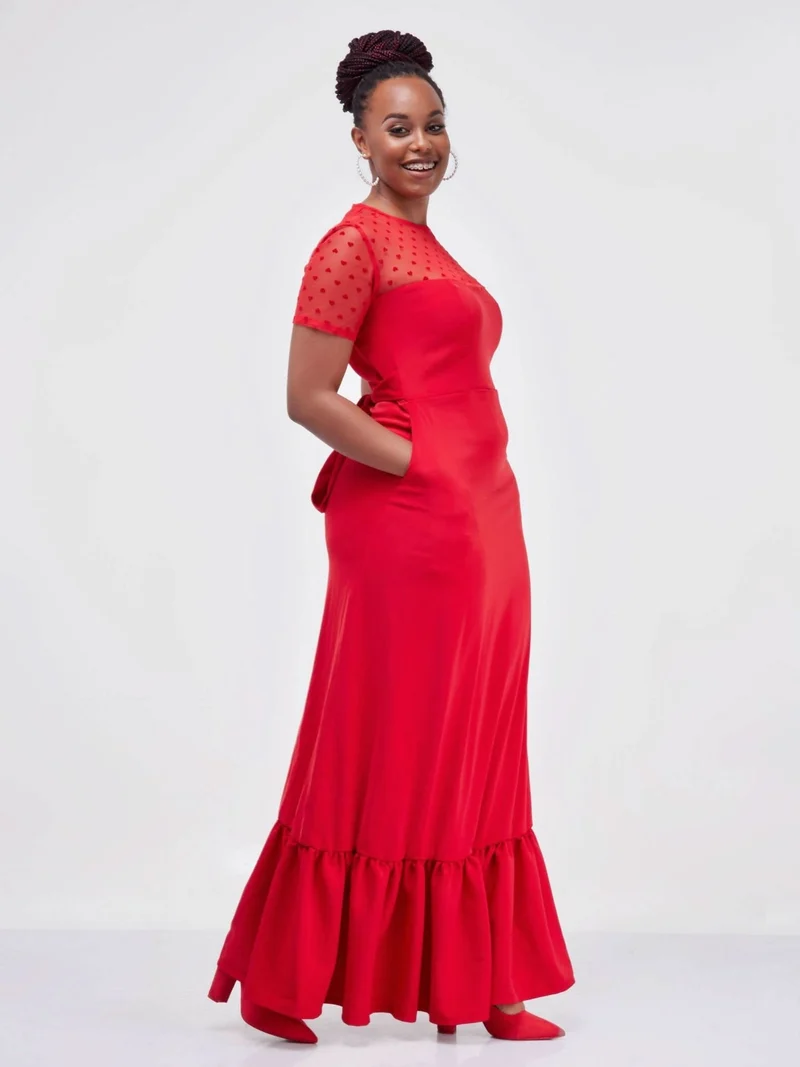 WSC Pambo Ladies & Linen Red Velvet Maxi Dress - Red