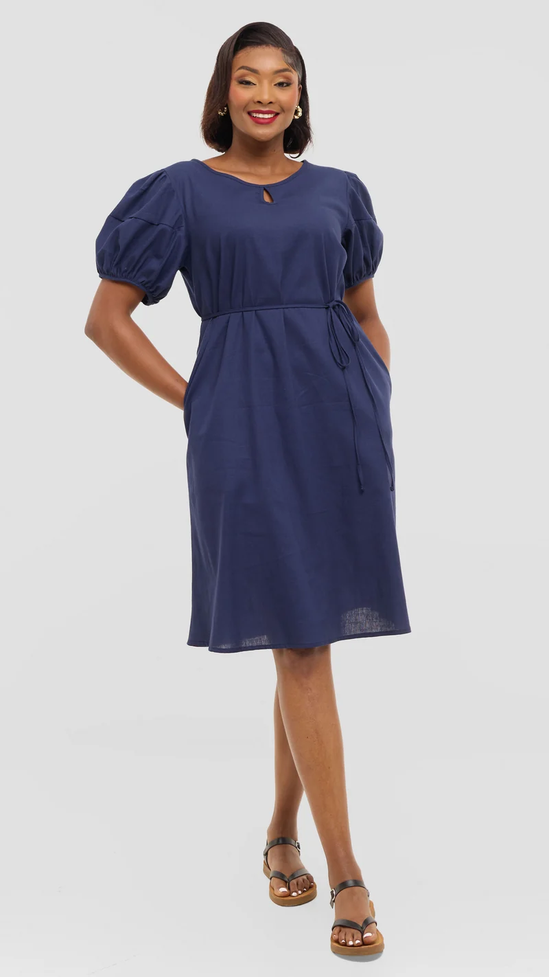 Safari by Vivo Bubble Sleeve Tent Dress in Linen Blend - Navy