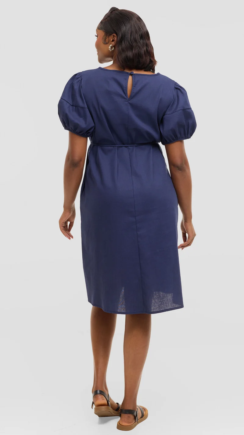 Safari by Vivo Bubble Sleeve Tent Dress in Linen Blend - Navy