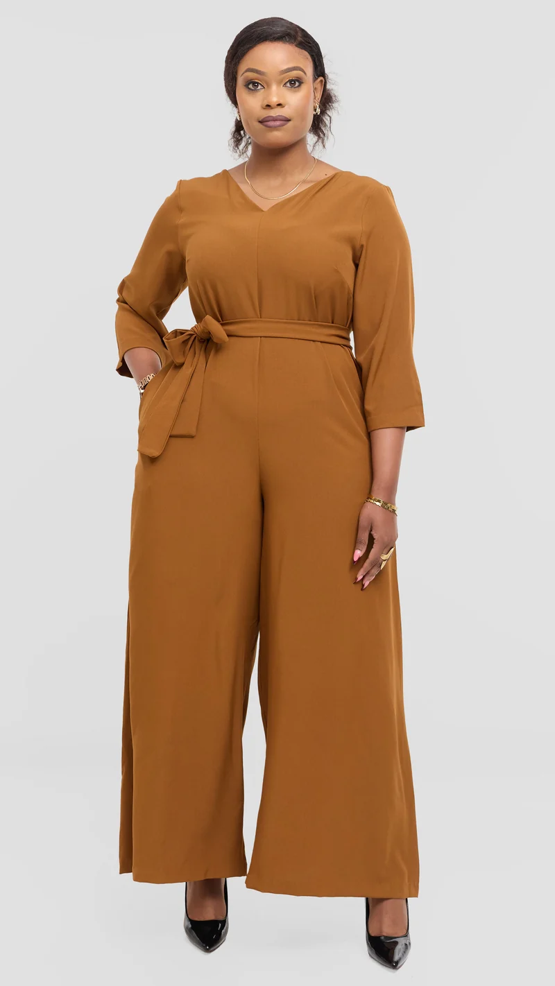 Vivo Diella V-Neck Jumpsuit in Crepe - Dark Mustard
