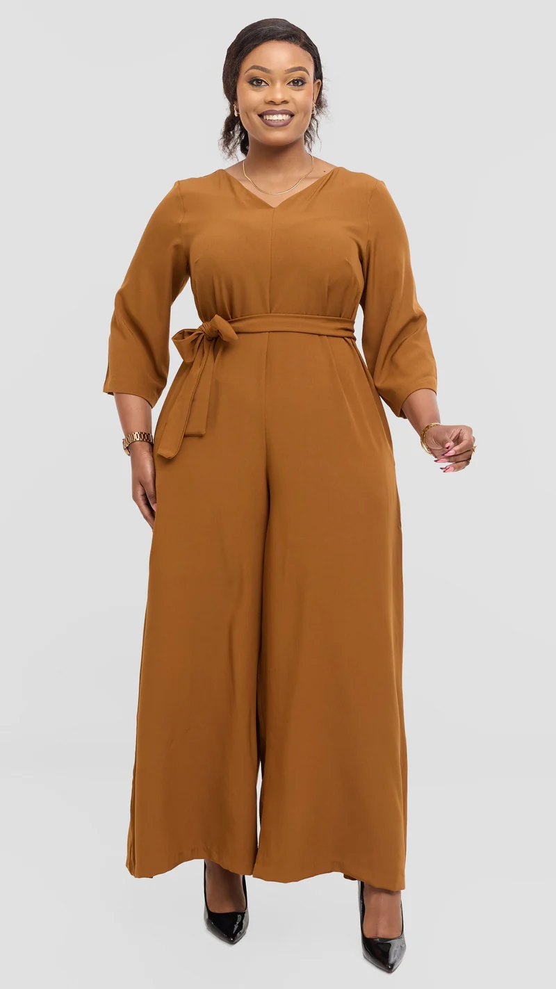 Vivo Diella V-Neck Jumpsuit in Crepe - Dark Mustard