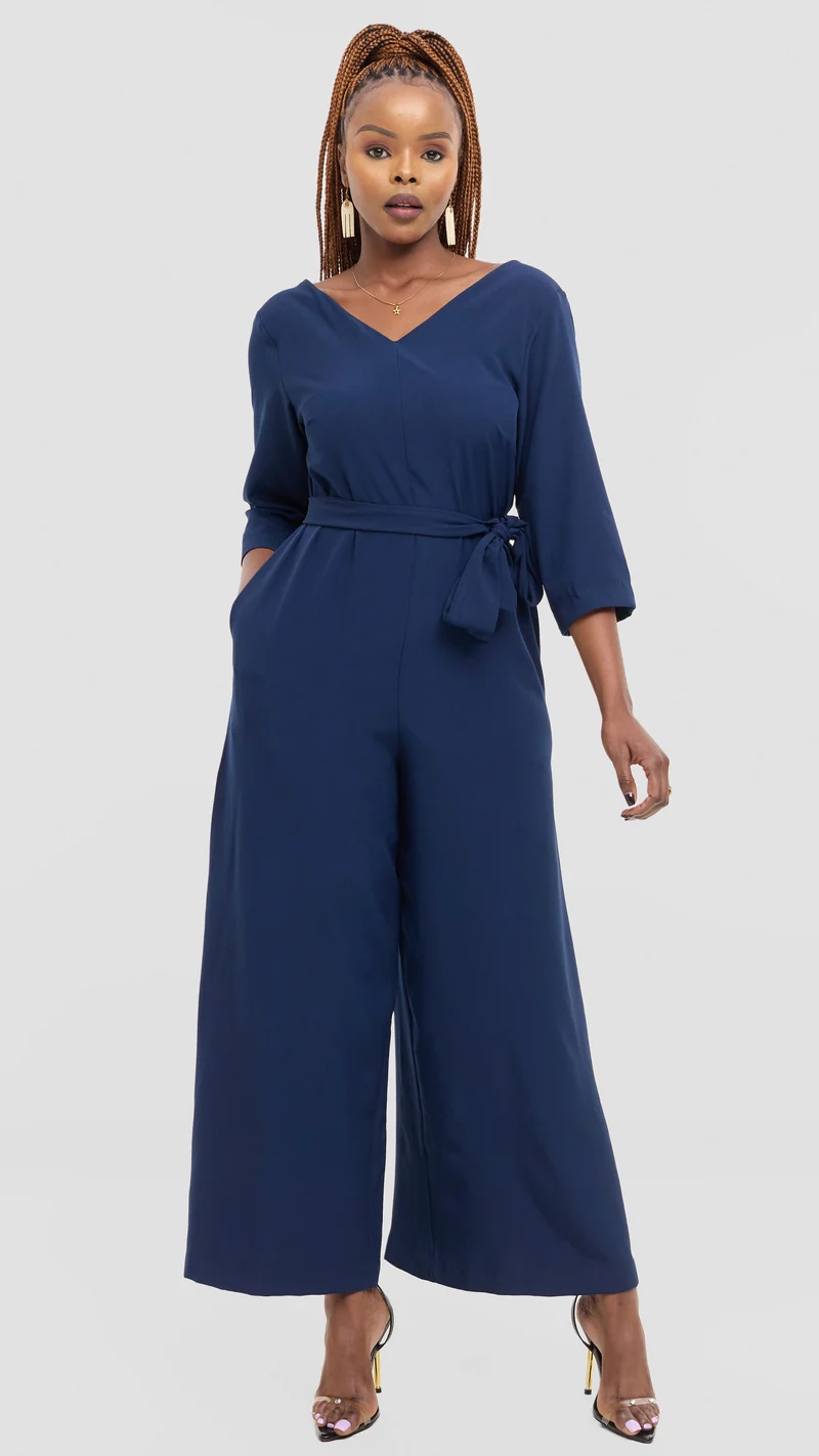 Vivo Diella V-Neck Jumpsuit in Crepe - Navy