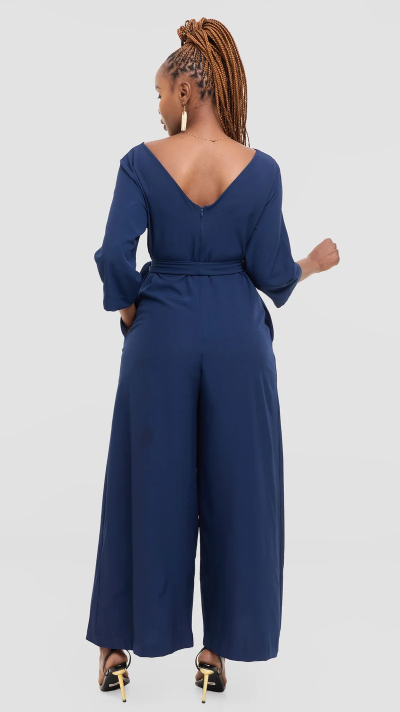 Vivo Diella V-Neck Jumpsuit in Crepe - Navy