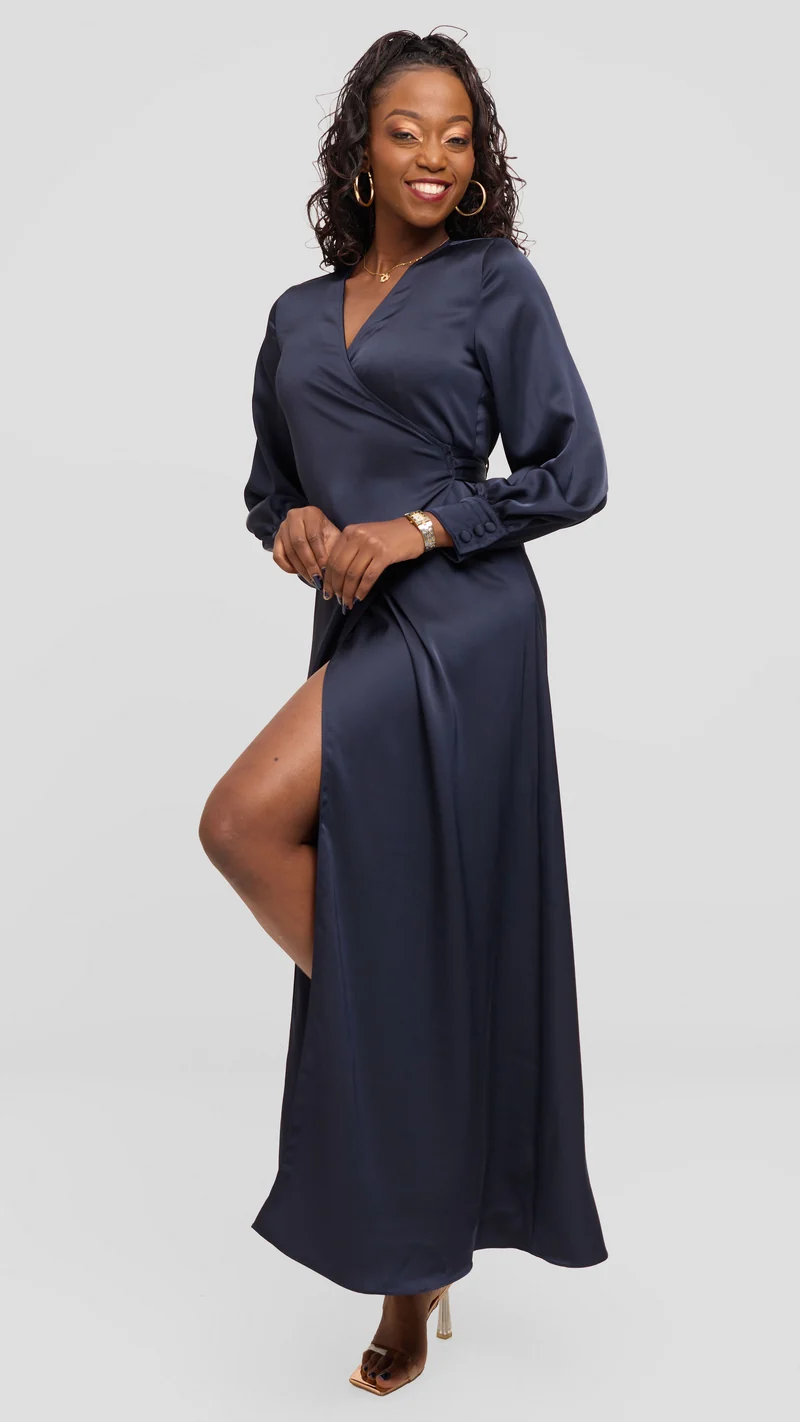 Vivo Maxi Wrap Dress in Satin - Dark Navy