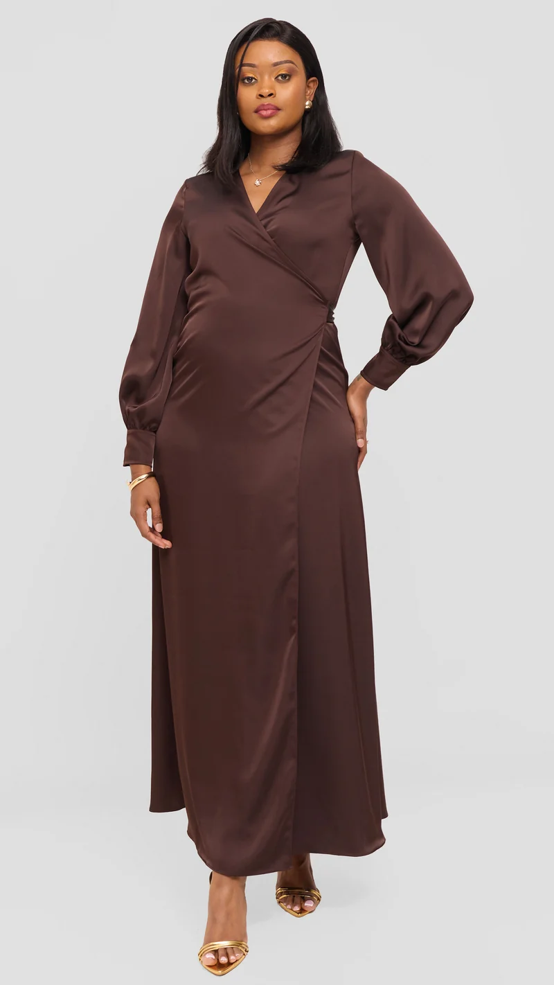 Vivo Maxi Wrap Dress in Satin - Chocolate