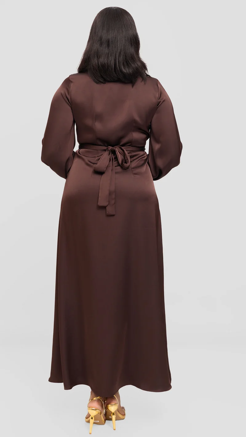 Vivo Maxi Wrap Dress in Satin - Chocolate