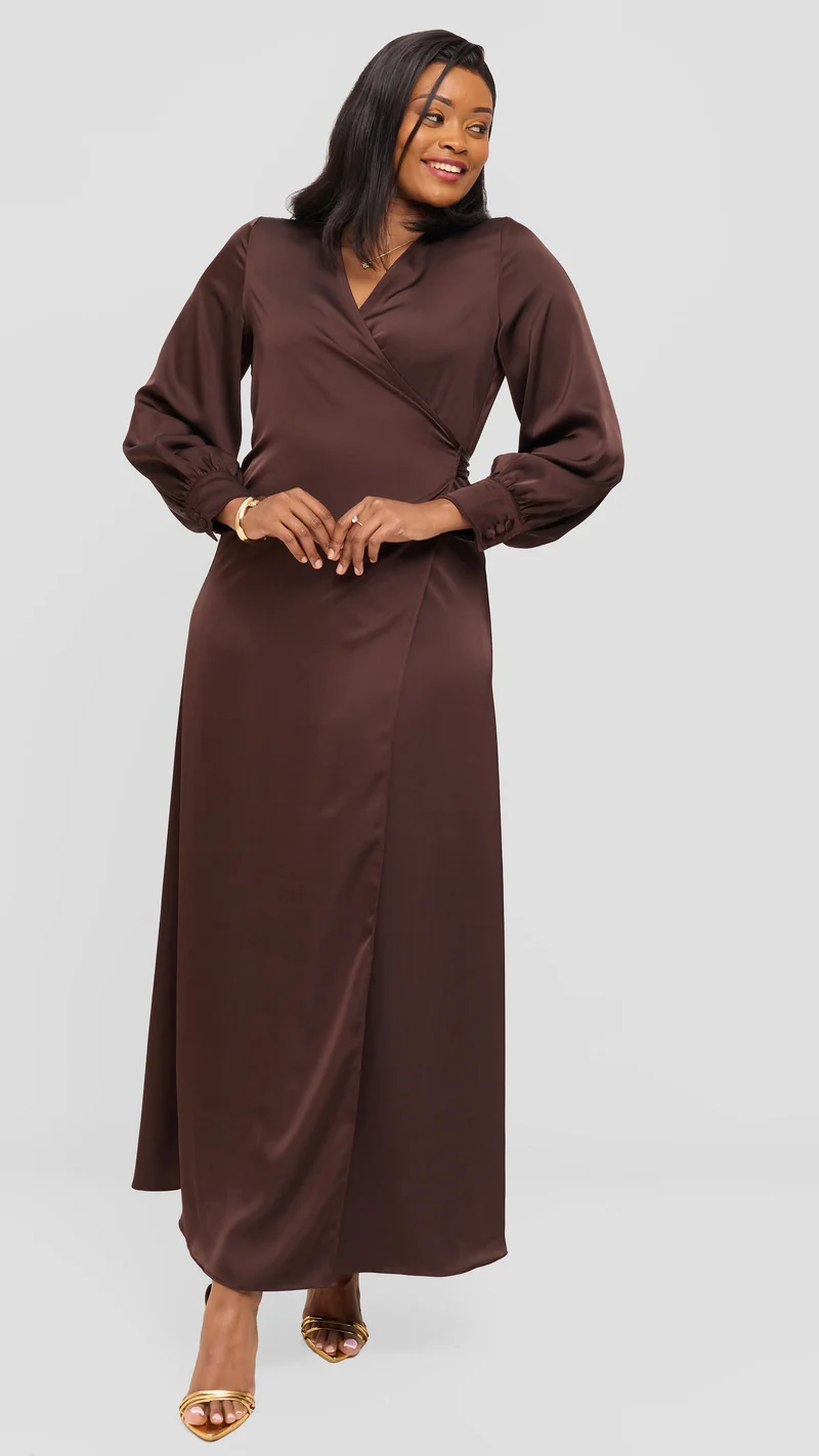Vivo Maxi Wrap Dress in Satin - Chocolate