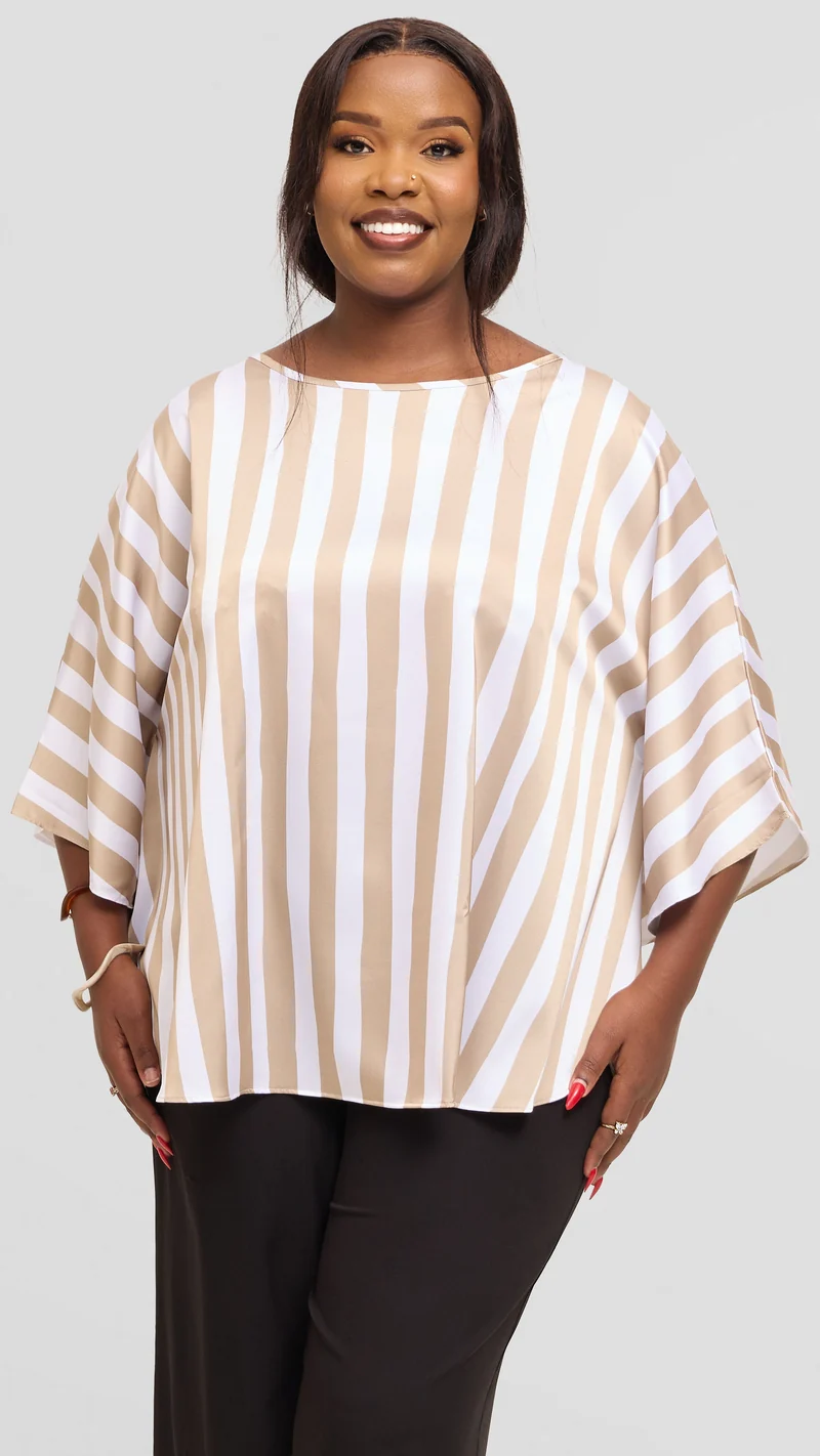 Vivo Keza Circular Loose Top in Satin - White / Taupe Mani Print