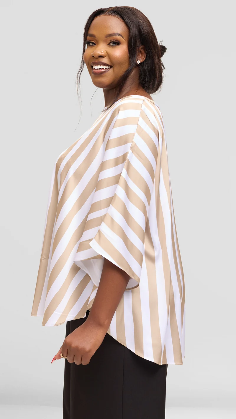 Vivo Keza Circular Loose Top in Satin - White / Taupe Mani Print
