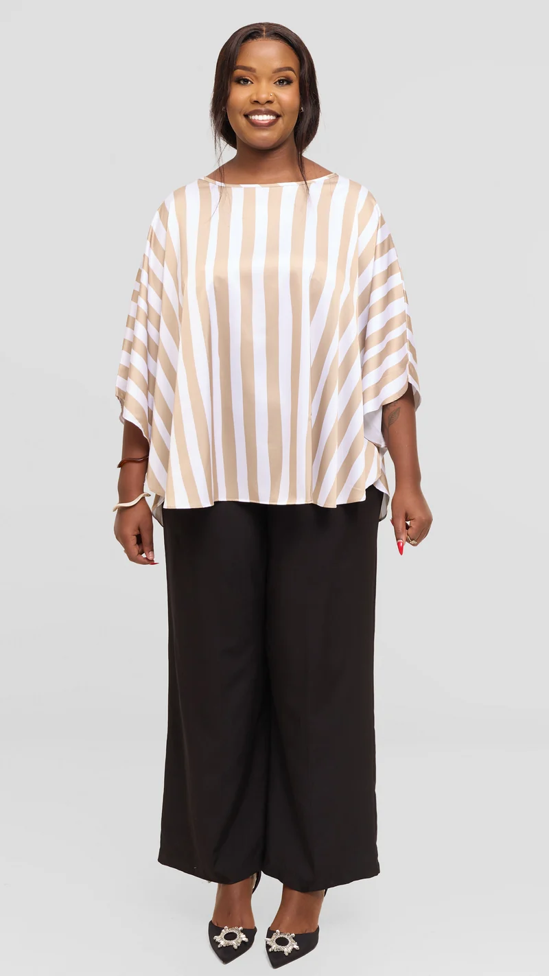 Vivo Keza Circular Loose Top in Satin - White / Taupe Mani Print