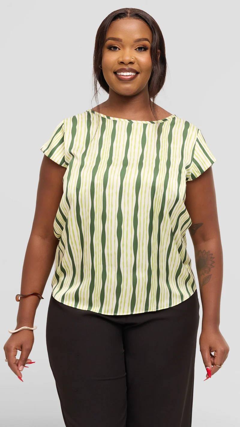 Vivo Basic Cap Sleeve Top in Satin - Cream / Olive Huwa Print