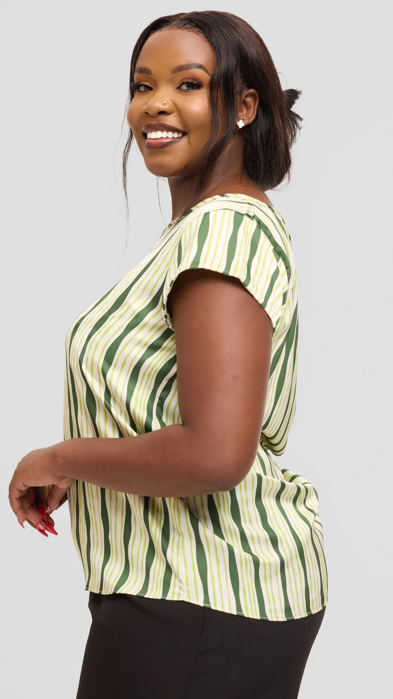 Vivo Basic Cap Sleeve Top in Satin - Cream / Olive Huwa Print
