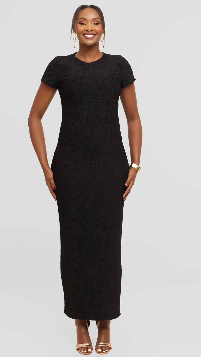 Vivo Kaisa Short Sleeve Maxi Bodycon In Polyester Stretch - Black