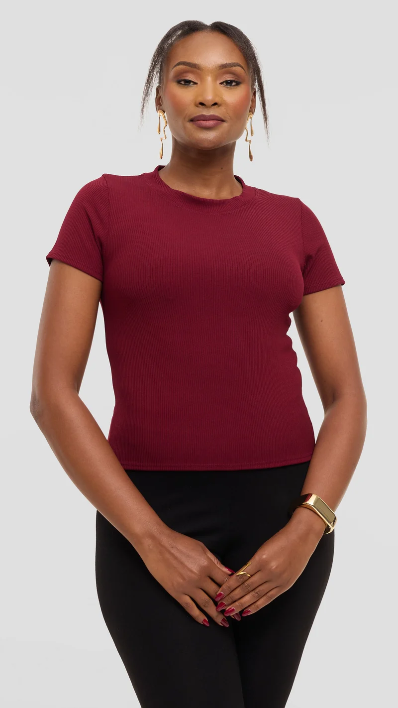Vivo Studio Crew Neck Tee in Rib - Maroon