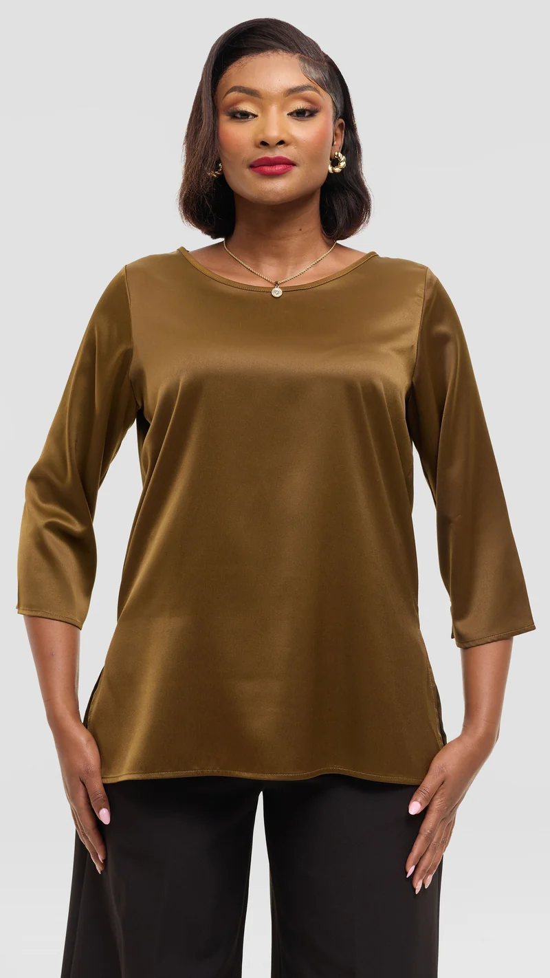 Vivo 3/4 Sleeve Side Slit Top in Satin - Dark Olive