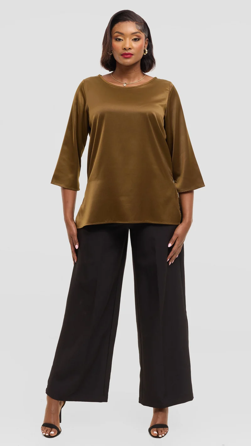 Vivo 3/4 Sleeve Side Slit Top in Satin - Dark Olive
