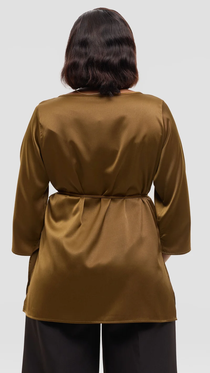 Vivo 3/4 Sleeve Side Slit Top in Satin - Dark Olive
