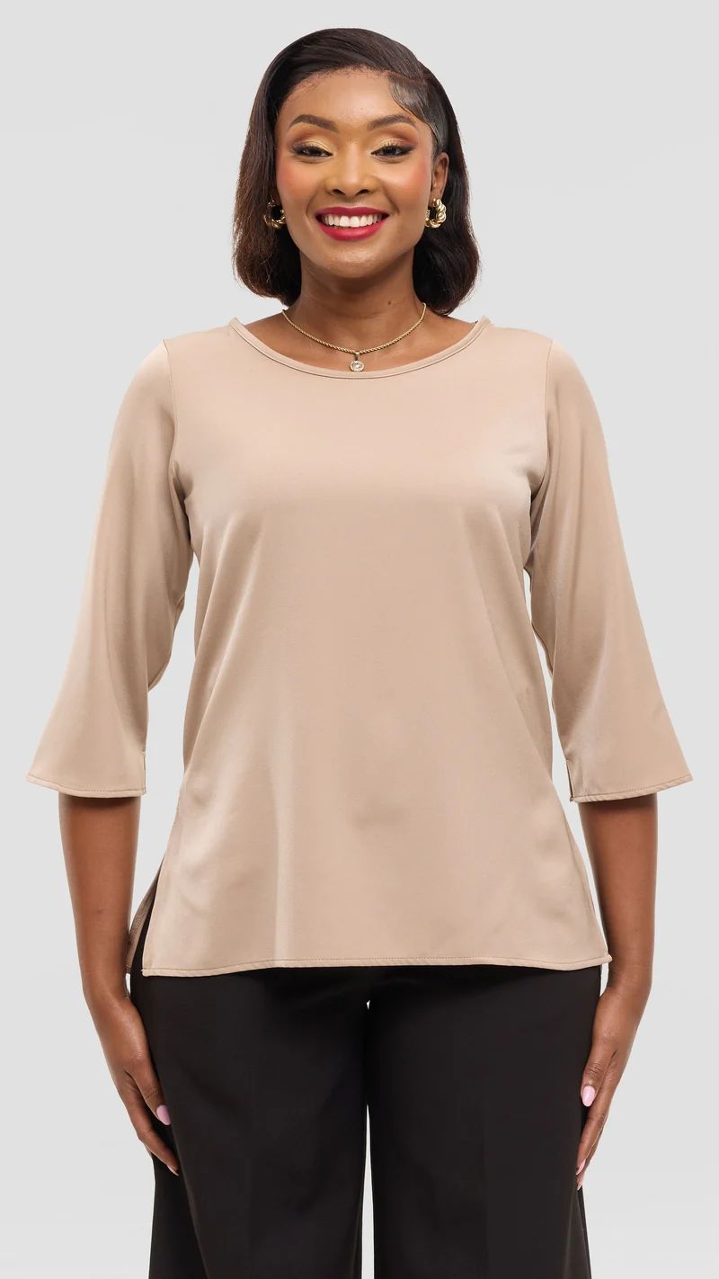 Vivo 3/4 Sleeve Side Slit Top in Satin - Beige