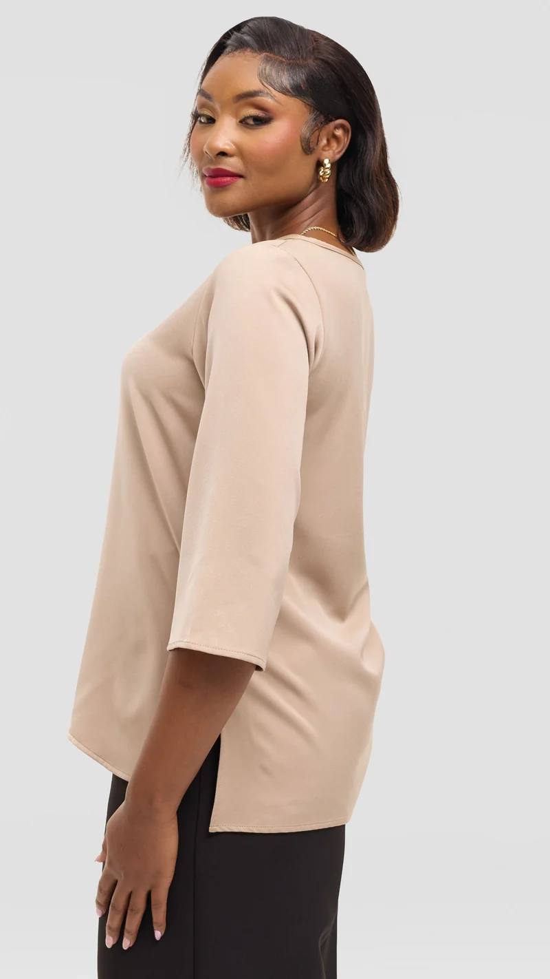 Vivo 3/4 Sleeve Side Slit Top in Satin - Beige