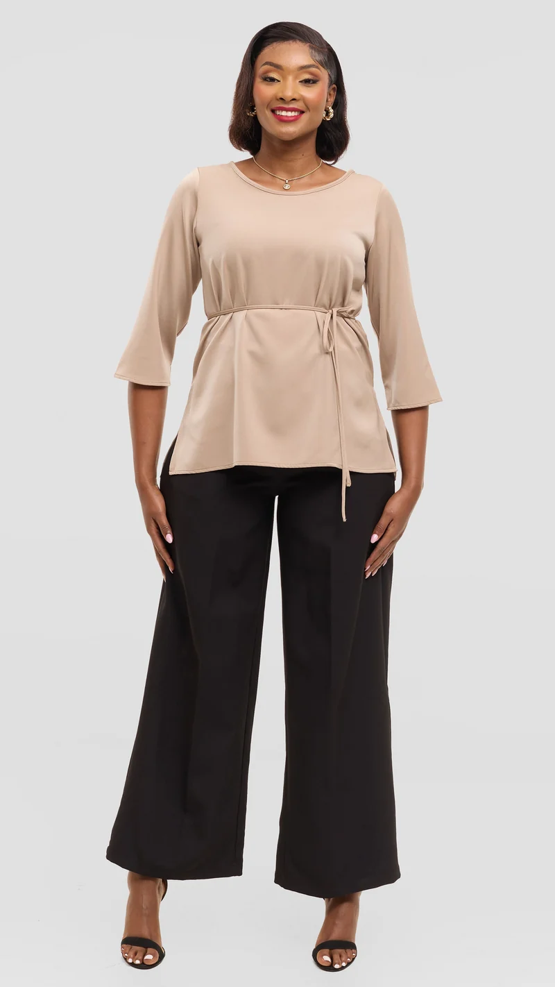 Vivo 3/4 Sleeve Side Slit Top in Satin - Beige