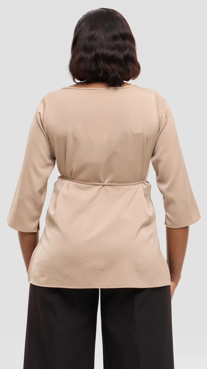 Vivo 3/4 Sleeve Side Slit Top in Satin - Beige